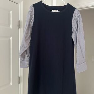 Elegant Navy Dress with Striped Sleeves